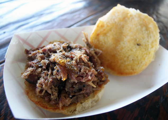 Brisket and peach sandwich.