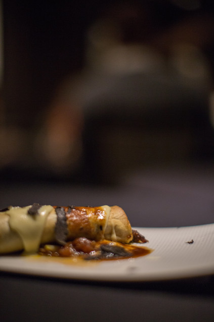 Australian Wagyu Shortrib Cannelloni with Reggiano Fonduta and San Marzano Tomatoes.