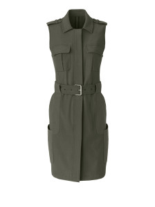 The military jacket offers versatility as a vest or dress.