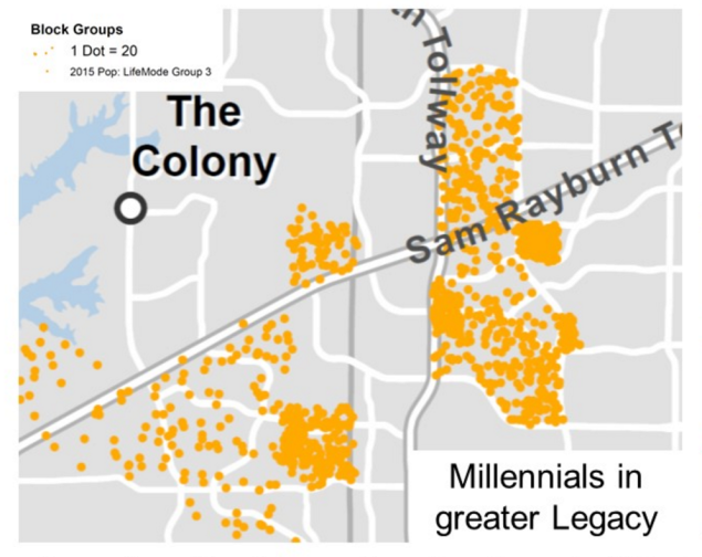Millennials within a 15-minute drive of Legacy comprise about 13 percent of the area's total population base.