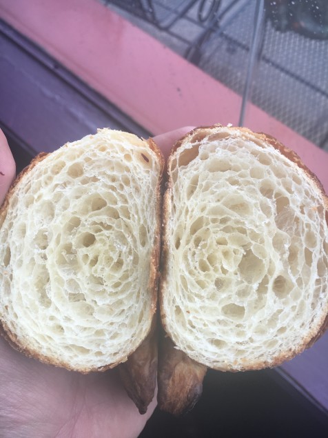 The honeycombed interior of a cross-sectioned croissant. Photo by David Madrid. 