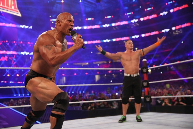 The Rock and John Cena at WrestleMania 32. Not pictured: The Rock's flamethrower. Photo courtesy of WWE.
