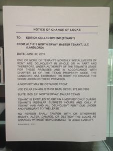 A document dated June 30 is posted on the doors of Edition Collective notifying the company that it has been locked out.
