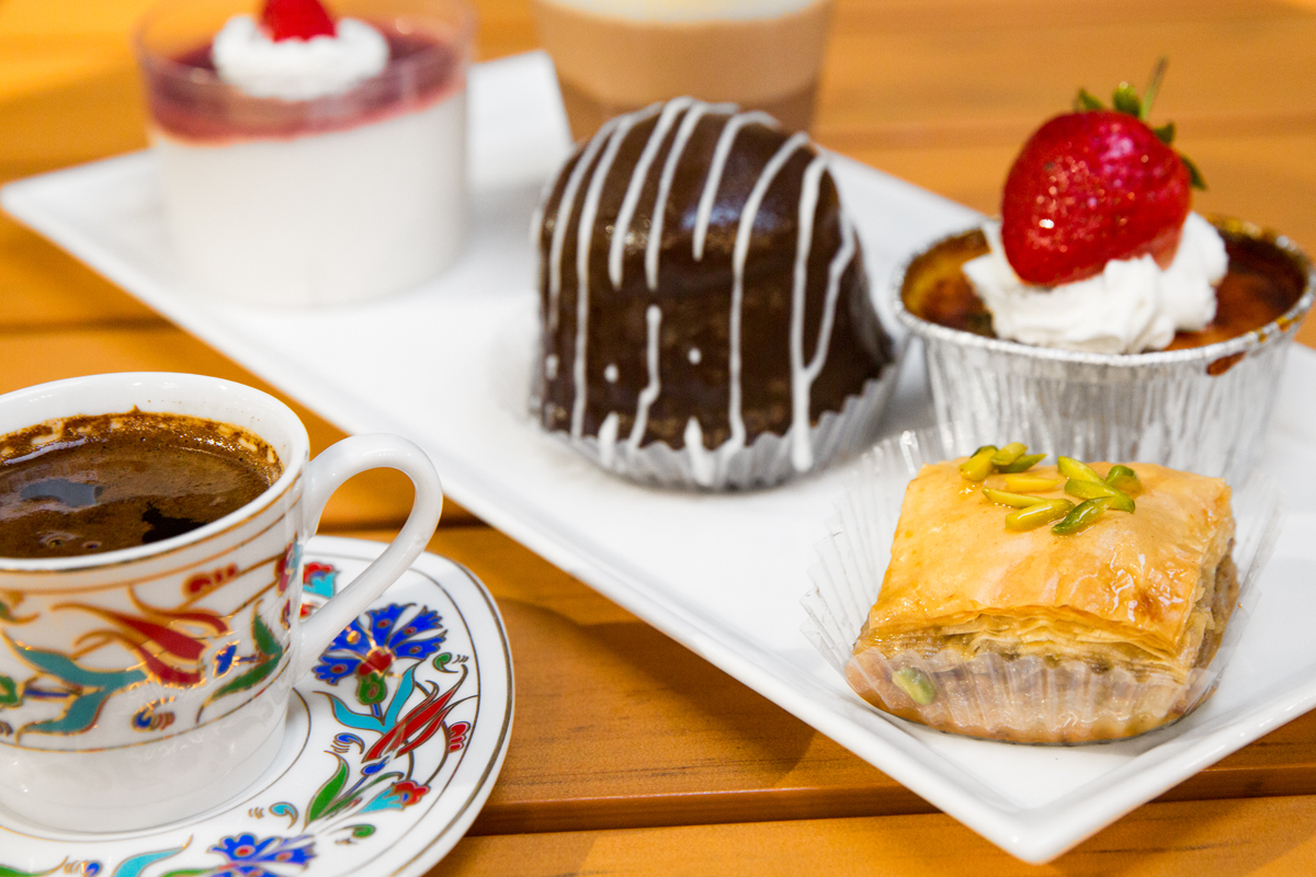 The coffee is Turkish, and the desserts are from all over. 