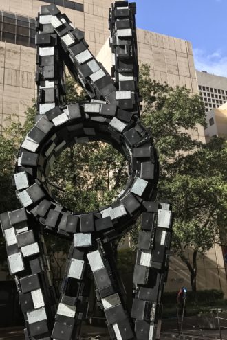To celebrate DirecTV Now, AT&T unveiled an art installation at its Dallas headquarters. The sculpture, made from recycled material, stands 30 feet tall and weighs 25,000 pounds. 