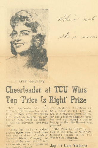 A newspaper clipping announces Allie Beth McMurtry's win on the TV show "The Price is Right".