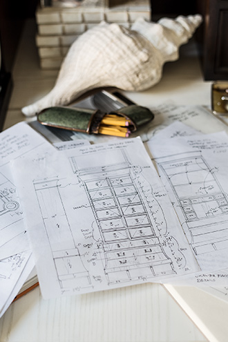 Janecek's design sketches for the Mansard tall cabinet (also pictured above).