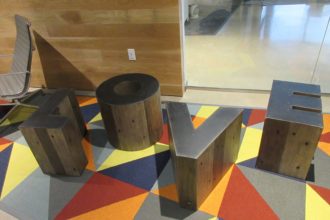 Match Group's lobby welcomes guests with its "Love" coffee table. 