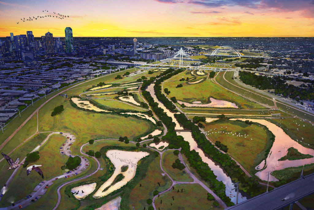 Just Do It: A rendering shows former city councilwoman Angela Hunt’s proposal to “re-wild” the floodway, by returning it to its original blackland prairie habitat while adding modest parking areas, paved trails, and a handful of vehicular access points. The money is there.