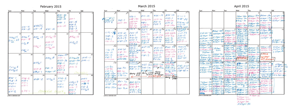 Hanging on the Telephone: By February 2015, according to the records Tina Peyton gave lawyer Wes Holmes, John Peyton and Mary Burdette were speaking on the phone almost every day, sometimes as often as 12 times a day. This log shows the frequency and times of their conversations: pink are calls from Mary to John; blue are calls from John to Mary.