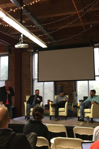From left: Kurt Kelley of Excelerated Technology Consulting moderated a Dallas Startup Week Panel with Jody Guy of Verizon, Noel Geren of Sprinkl, and Adam Lotia of Bioworld Merchandising on Tuesday at the Dallas Entrepreneur Center. .