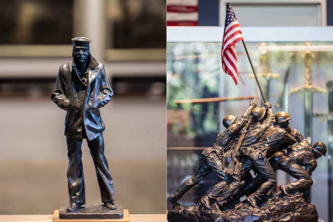 On the right, a smaller version of the Marine Corps. War Memorial at Perot Co. On the left, The Lone Sailor. (Photo: Jessica Chen)