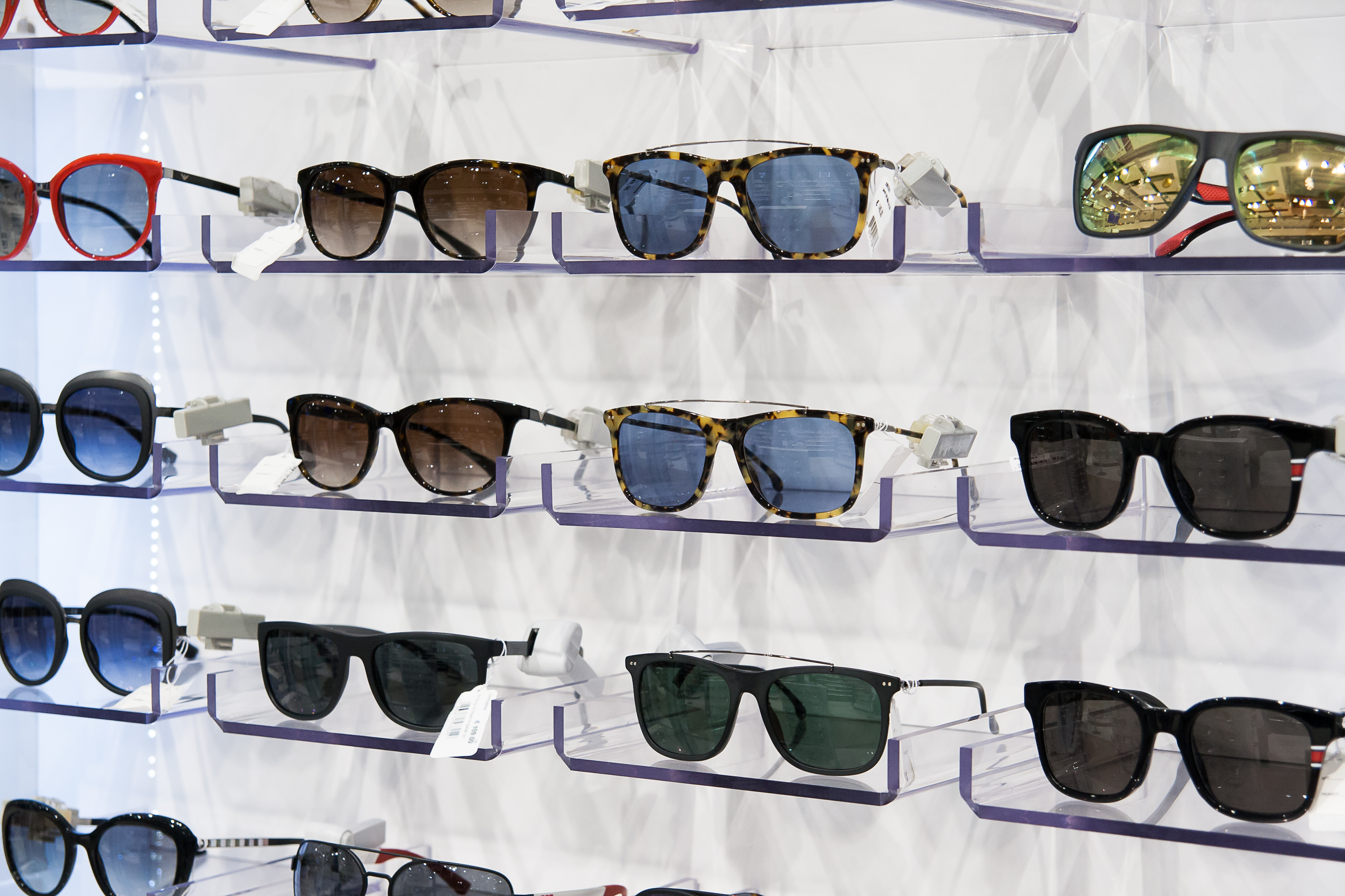 Sunglasses for sale, placed on the shelves