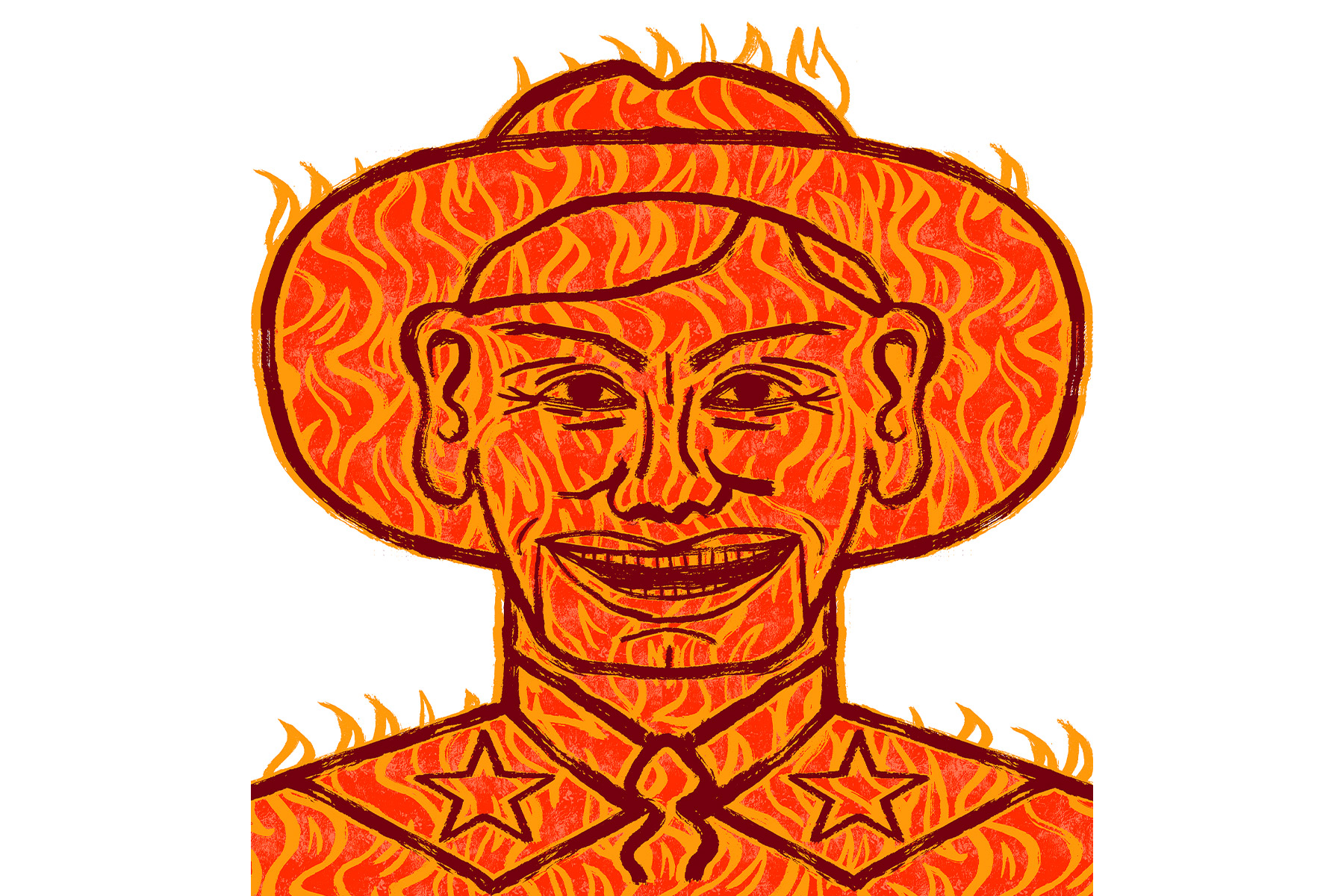 Illustration of Big Tex on fire