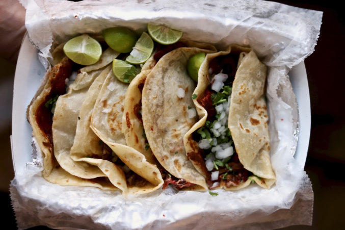 A tray of Trompo tacos.