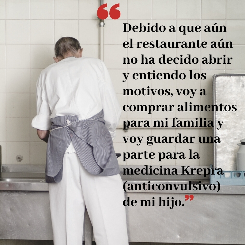A dishwasher in a kitchen with a qupte that reads, in Spanish: Debido a que aún el restaurante aún no ha decido abrir y entiendo los motivos, voy a comprar alimentos para mi familia y voy guardar una parte para la medicina Krepra (anticonvulsivo) de mi hijo. A dishwasher in a kitchen with a qupte that reads, in Spanish: Debido a que aún el restaurante aún no ha decido abrir y entiendo los motivos, voy a comprar alimentos para mi familia y voy guardar una parte para la medicina Krepra (anticonvulsivo) de mi hijo.