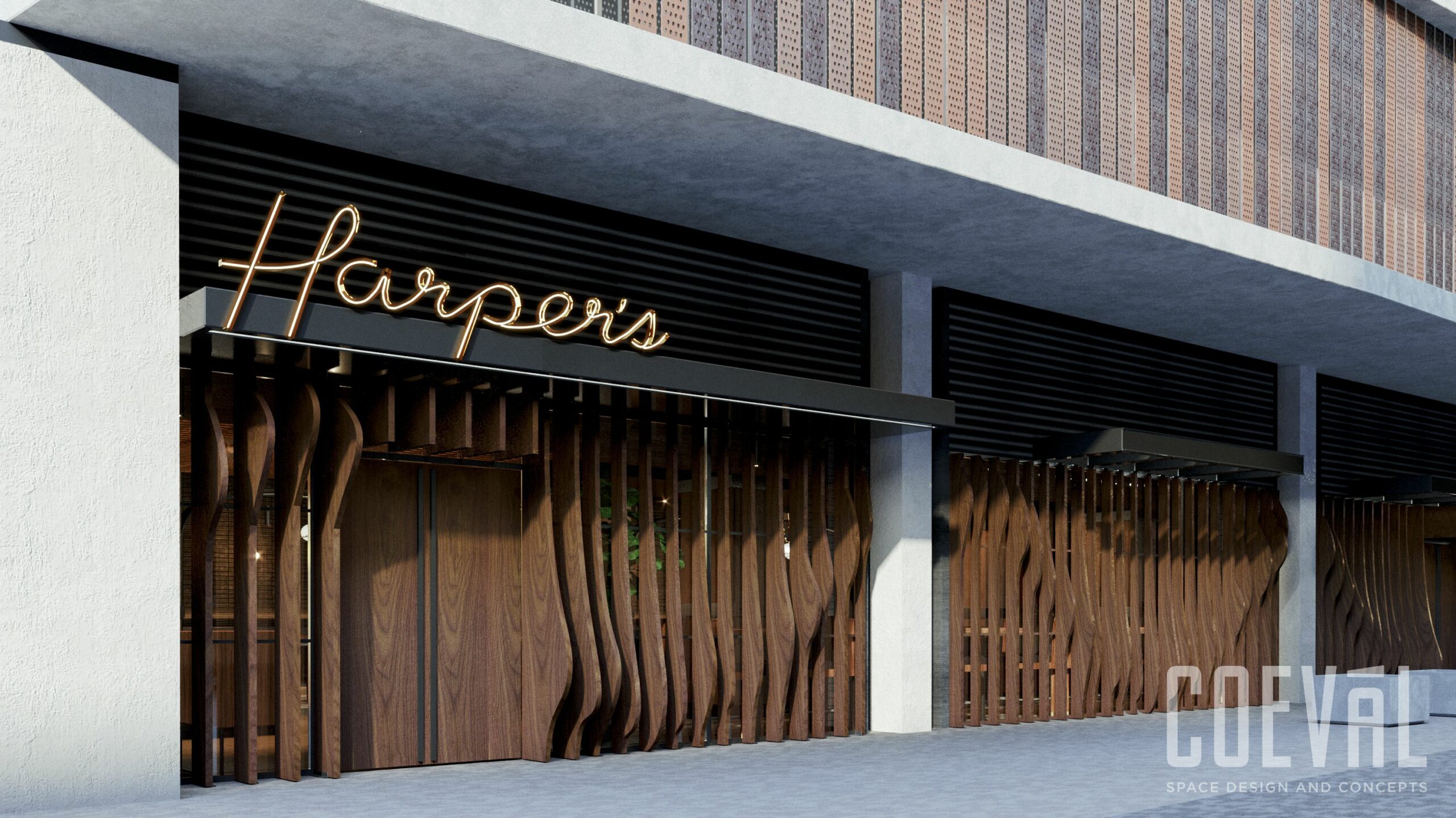 A rendering of an exterior restaurant facade, with the name 