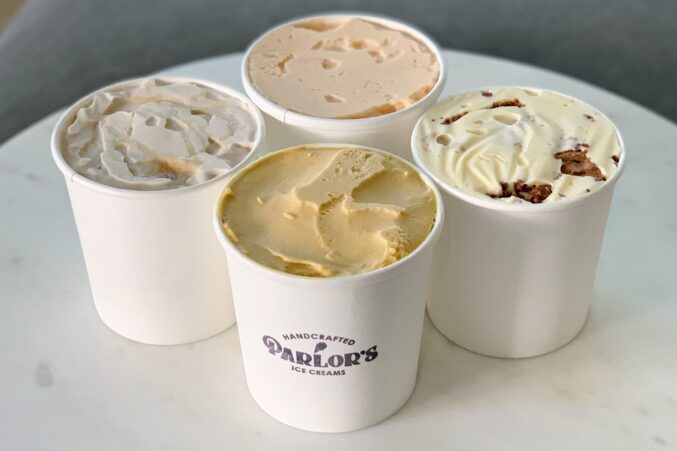 Four pints of Parlor's Ice Cream on a table.