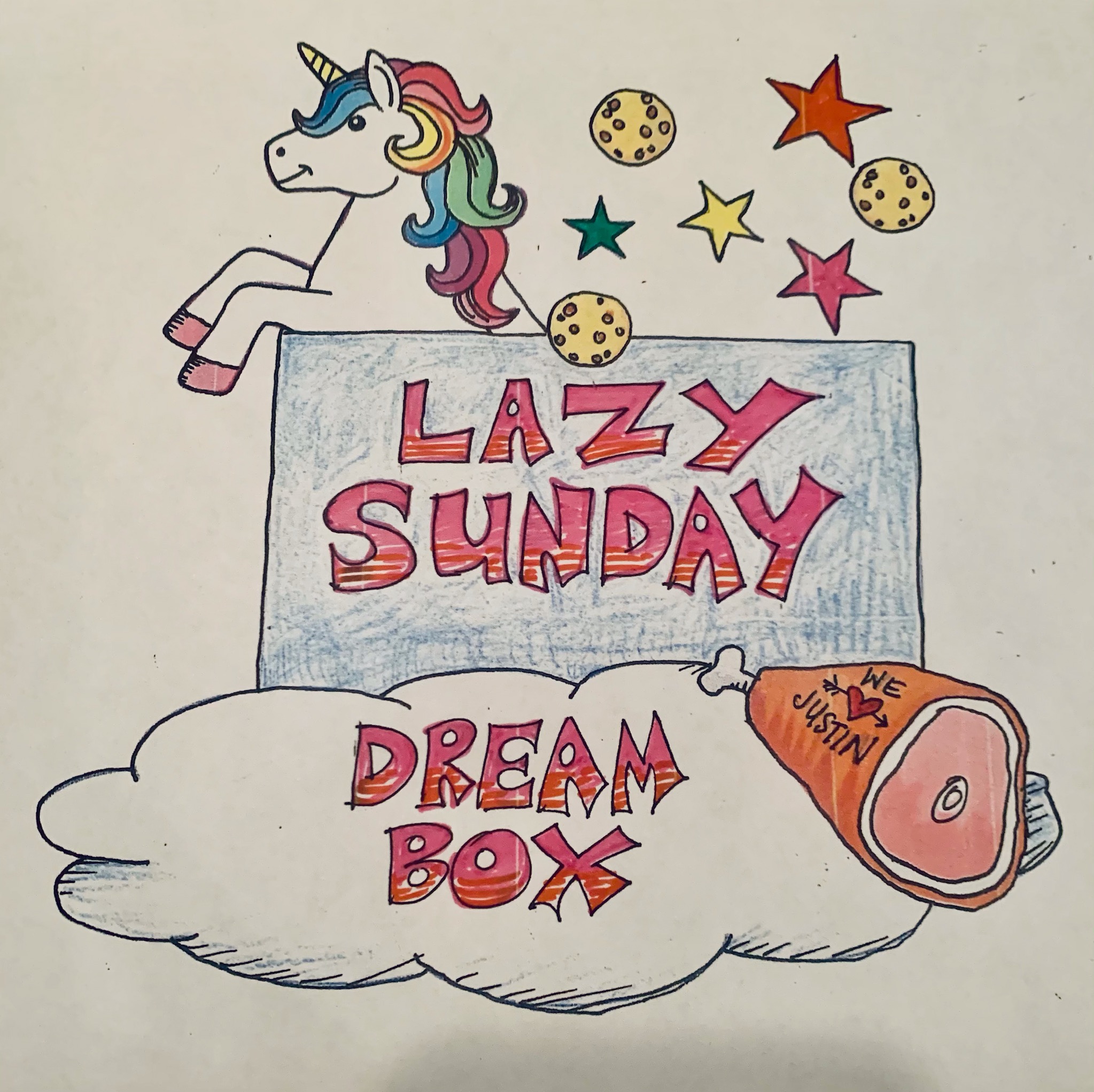 A sketch of a unicorn with the words Lazy Sunday Dream Box