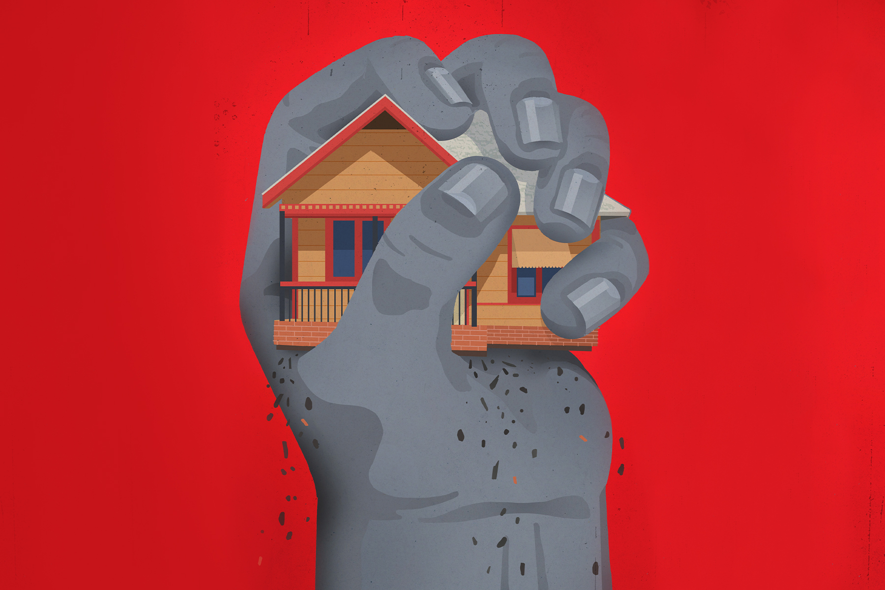 Richard Mia illustration of a hand crushing a house