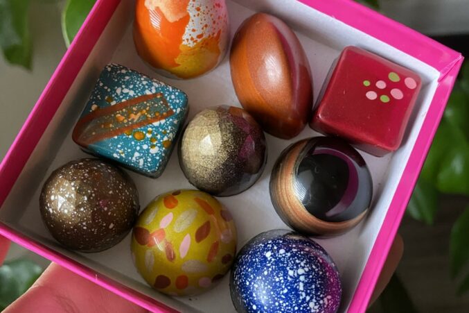 A small box of chocolate bonbons.