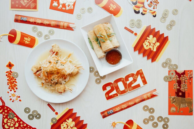 A table with 2021 Lunar New Year decorations.