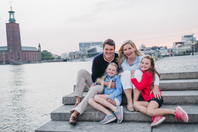 The Fishers with their daughters on Stockholm’s riverfront in 2017