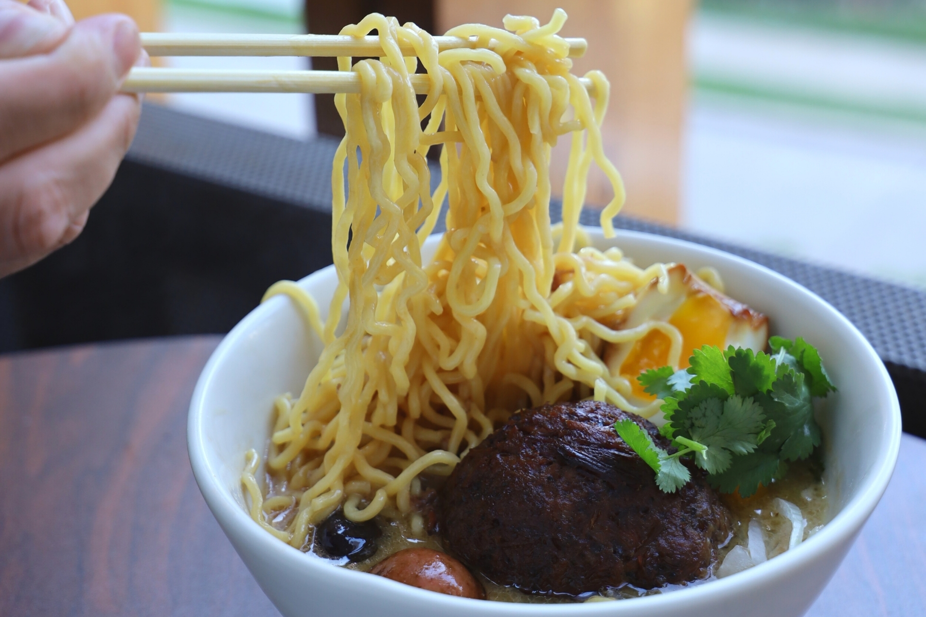Bowl of ramen with barbecue.