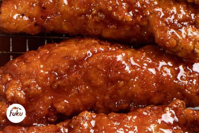 Close up of sweet and spicy glazed chicken fingers from Fuku.