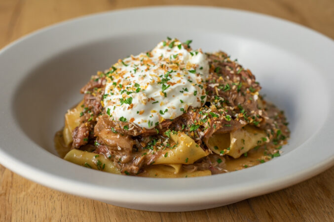 Pappardelle, chermoula braised lamb, labne, gremolata