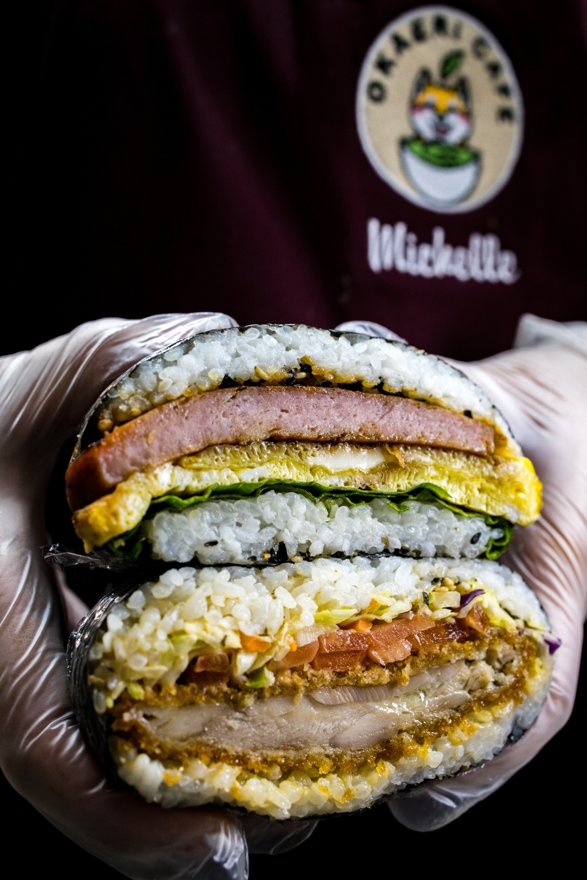 The onigirazu are like giant sandwiches. Cinched with nori and layered with Spam and egg or chicken katsu