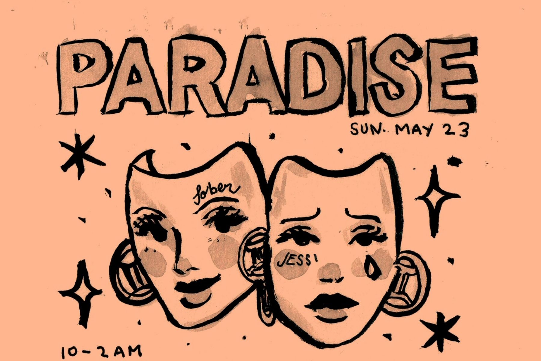 hand painted flyer by Jessi Pereira for Paradise, a monthly dance party in Oak Cliff