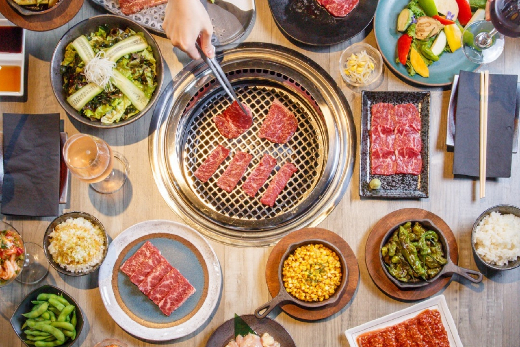 Japanese yakiniku, grilled meats and veg sides.