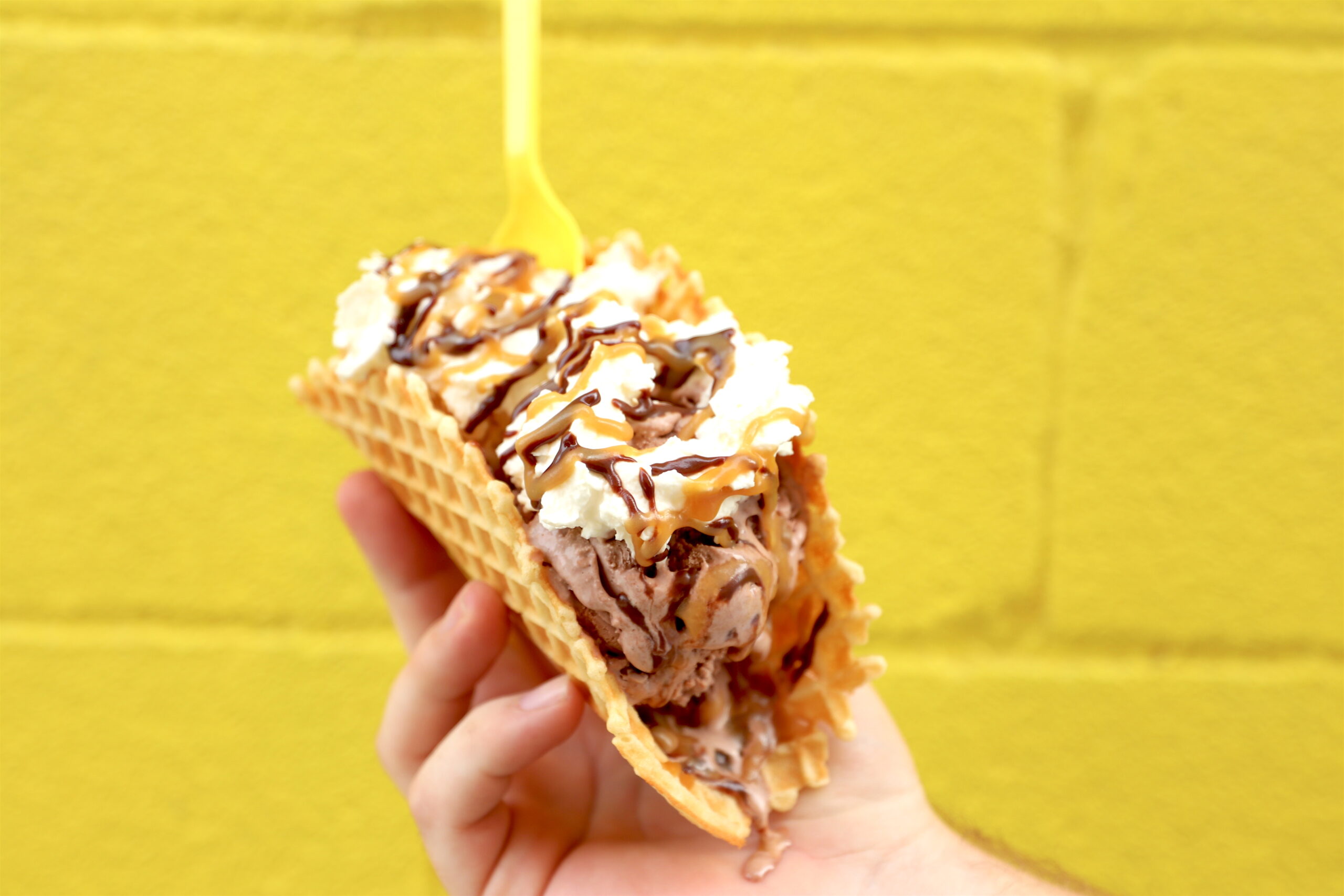 A hand holding an ice cream taco.