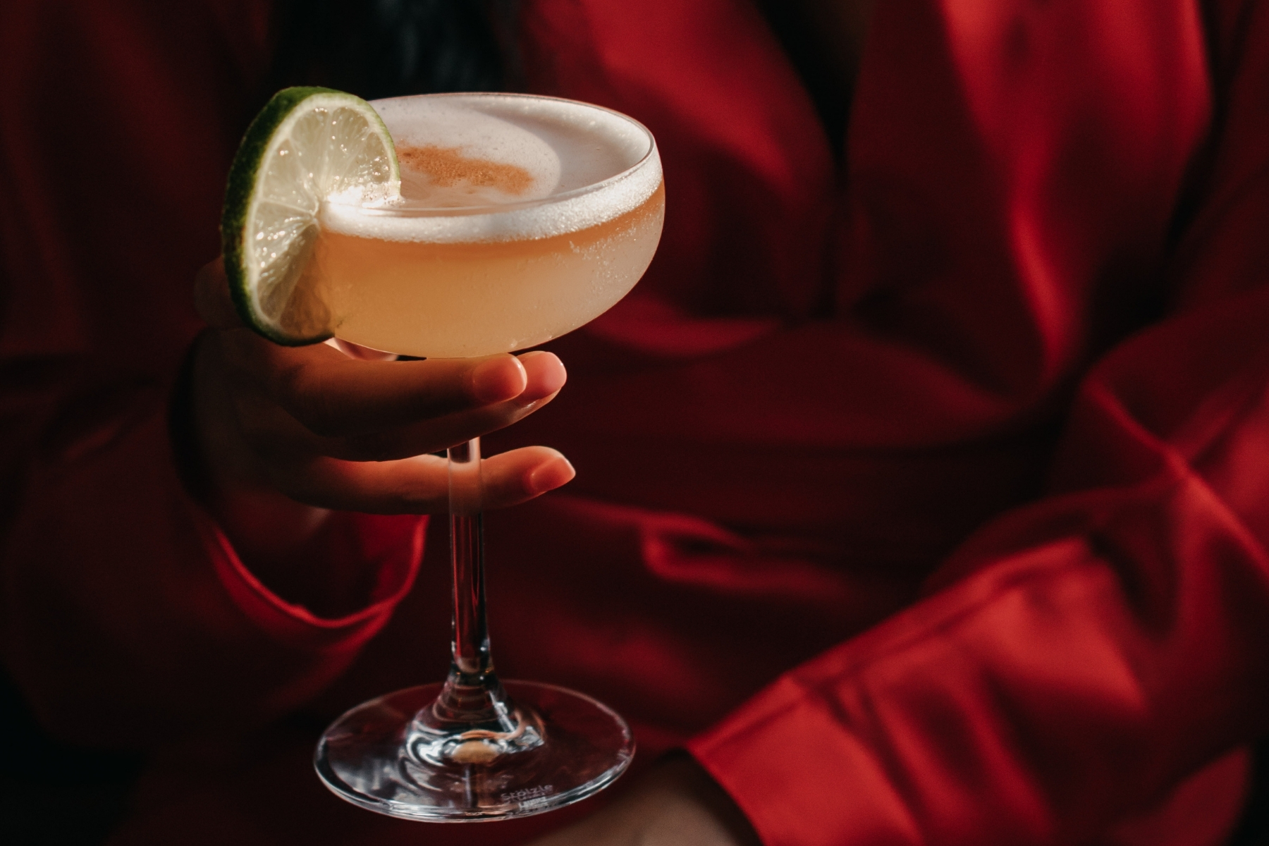 A hand holding a coupe glass with an orange cocktail inside.