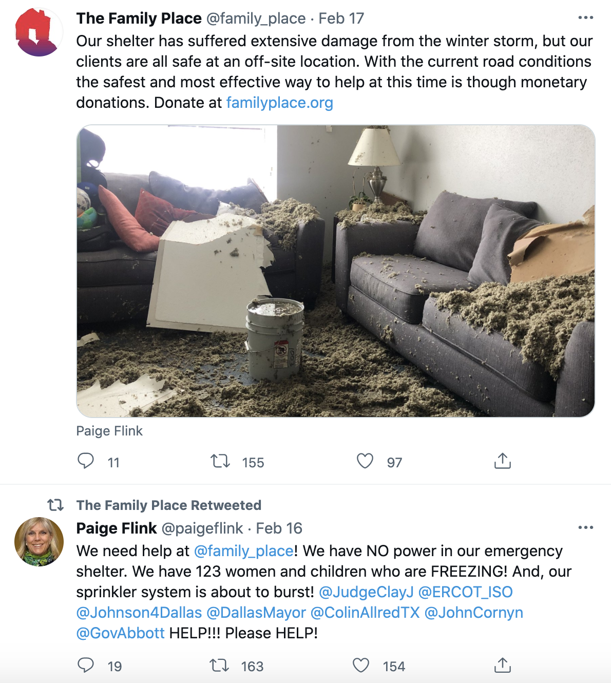 Twitter thread about The Family Place’s storm damage.