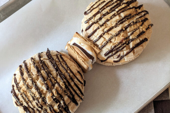 Two conchas (Mexican pan dulce) on a plate.