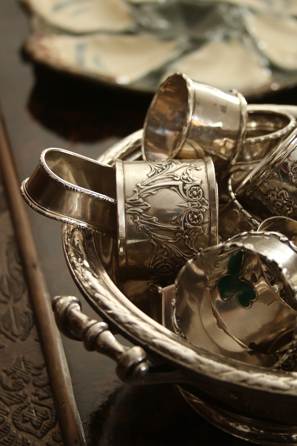 Pam Kelley of Pam Kelley Design's collection of antique silver napkin rings