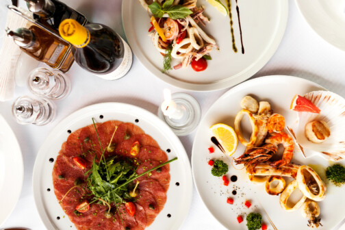 Italian Food Spread on Dining Table Aerial View