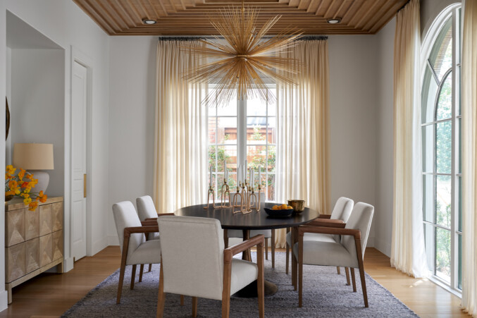 Morgan Farrow Interiors, Neutral Dining Space with Ceiling Treatment