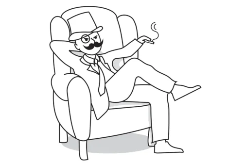 Line drawing of a rich man with a monocle, mustache, and a cigar.