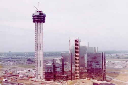 Downtown Dallas during the construction of Reunion Tower.