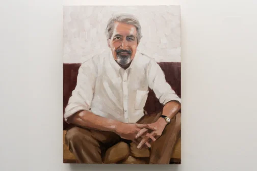 Oil painting of Wick Allison, founder of D Magazine, by Dallas artist Riley Holloway.