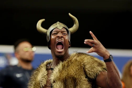 New York Giants' Jameis Winston wears a Viking themed costume inside the stadium before the match IMAGN IMAGES via Reuters:Tim Heitman