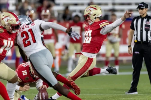 Brandon Aubrey kicks a field goal for the Birmingham Stallions