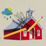 A digital collage features a red schoolhouse with a broken yellow pencil and dark scribbles across its facade. In the upper left corner, a stylized weather icon shows a sun behind a rain cloud with three raindrops against a textured beige background.