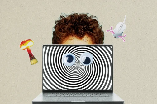 A person with curly brown hair peers over the top of a laptop screen, which displays a black and white hypnotic spiral. Two large googly eyes and a computer mouse with pink squiggly legs are superimposed over the spiral, creating a surreal face.