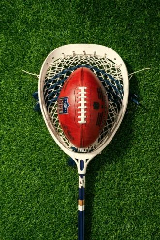 An NFL football rests inside the white and blue netting of a lacrosse stick head, centered against a vibrant green turf background.